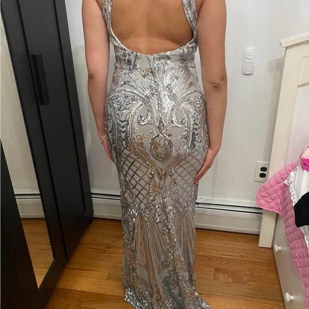Silver Embellished Backless Gown for Prom